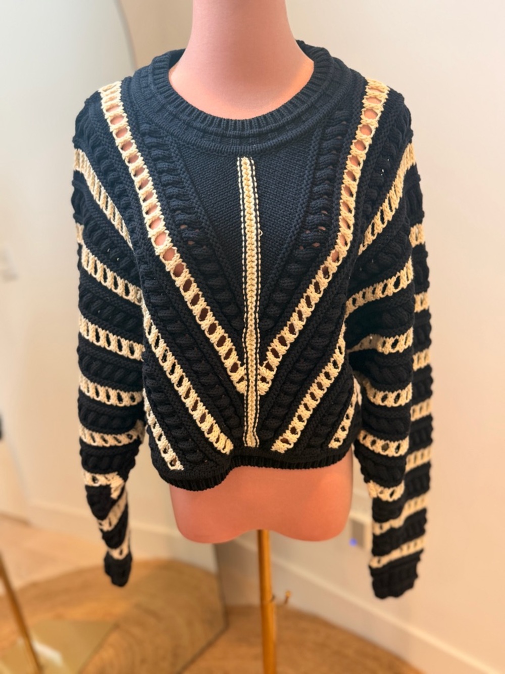 ba&sh Navy and Cream Textured Cropped Knit Sweater